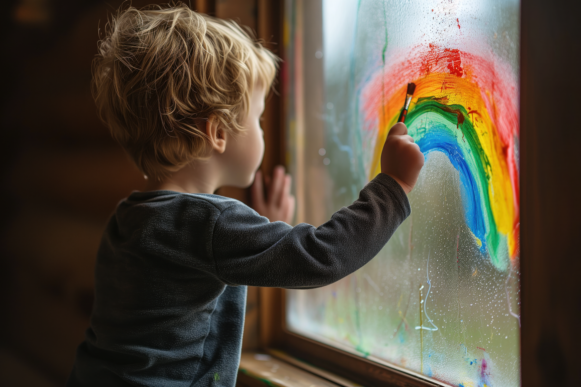 A child painting a colorful rainbow on a window